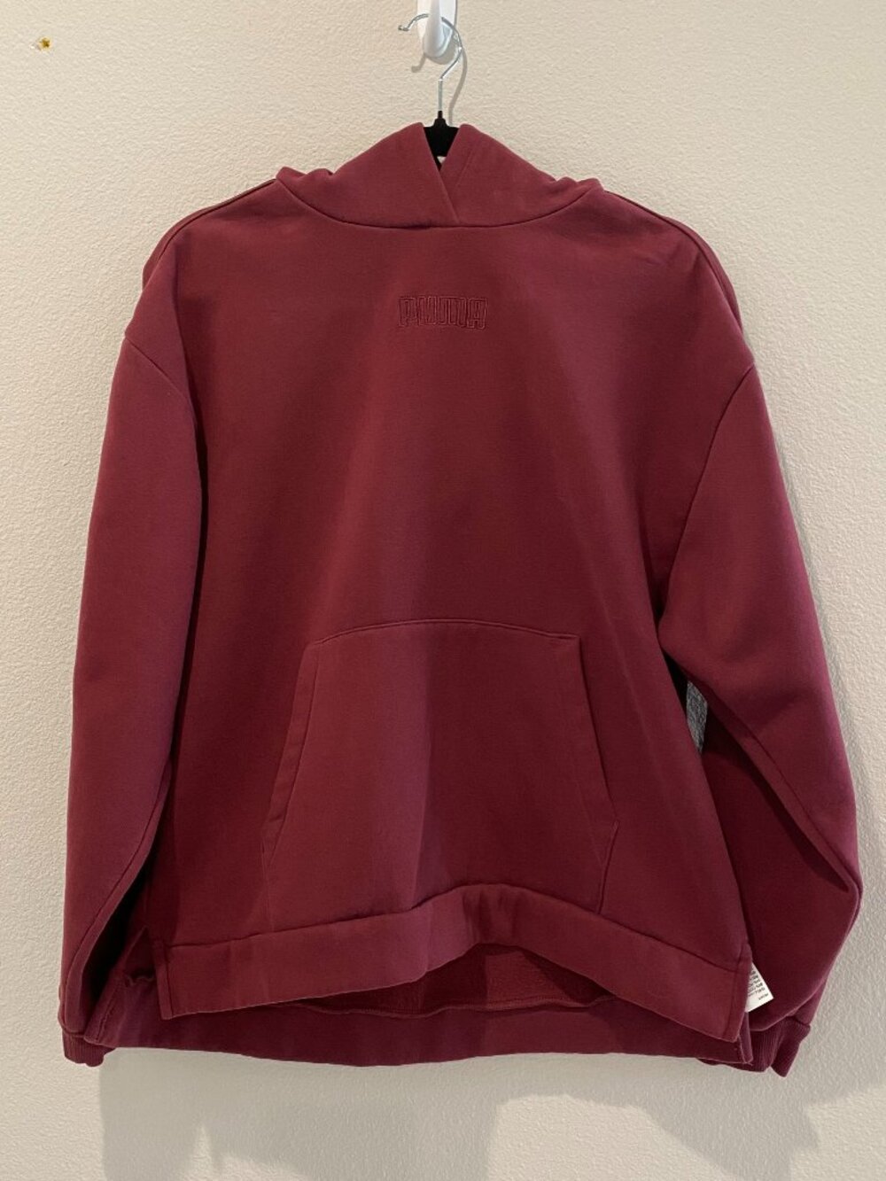 Puma Women's Burgundy Fleece Hoodie Piped Sleeve High Low Pullover Large